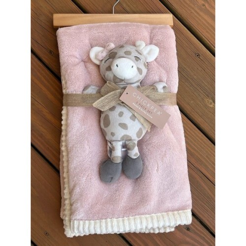 Chick Pea Giraffe Animal Plush Baby Blanket Set Pink Ribbed Trim Girls New