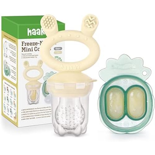 Haakaa Baby Fruit Food Feeder & Mini Freezer Nibble Tray Combo, Breastmilk Popsicle Molds for Baby Cooling Relief, BPA Free Silicone Feeder for Safe Infant Self Feeding, 4 Month+ (Oat)