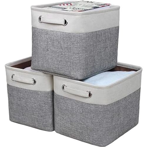 Kntiwiwo Foldable Storage Bin Collapsible Basket 12" x 10" x 9.5" Cube Storage Organizer Bins with Dual Carry Handles for Home Closet Shelves Drawers Organizer, Set of 3, Grey
