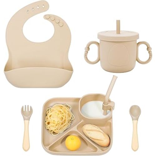 Silicone Baby Feeding Set, Baby Led Weaning Supplies, Silicone Suction Plate, Bowl, Spoons, Fork, Waterproof Bib, Cup and Food Tableware, Eating Utensils Baby Feeding Essentials for 3+ Months