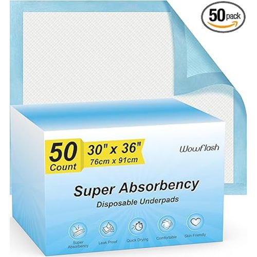50 Count 30” x 36” Super Absorbency Disposable Underpads, Leakproof Quick Drying, Baby Puppy & Adults Bed Pads Disposable Adults, Dog Pee Pads Extra Large, XXL Incontinence Pads
