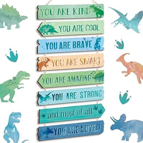 Inspirational Girl Room Decor Aesthetic Art Wall Hanging Sign Inspiring Colorful Rainbow Wooden Decoration for Kids Teens Toddler Boy Baby Bedroom Nursery Dorm Decor, 6-12 Years Old (Dinosaur)