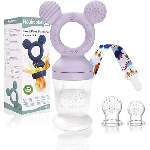 Baby Fruit Feeder, Frozen Teething Toys for Babies, Baby Teether Pacifier with 3 Extra Teats, Baby Eating Essentials, BPA Free Baby Feeding Supplies (Lavender)