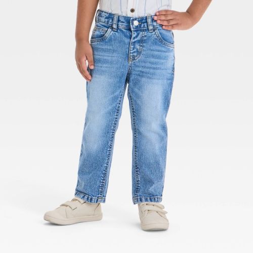 Toddler Boys' Button-Front Straight Leg Denim Pants - Cat & Jack™ Medium Wash 18M: Adjustable Waistband, Mid-Rise