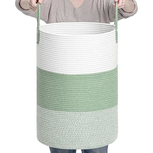 CLHMILY&Z 60L Laundry Basket Round Storage Rope Basket - 15x20.5 Inches - Green Hamper in Bedreoom and Cute Storage Bin for Blankets, Toys, and Nursery Essentials
