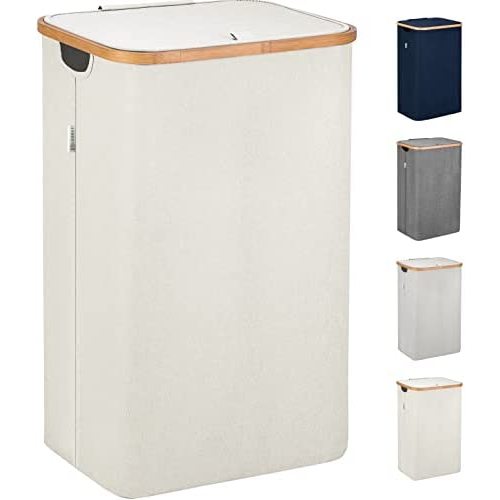 Lonbet - Beige Laundry Baskets with Lid - XL 100 L - Large Laundry Hamper for Laundry with Handles - Hampers Baskets with Lid for Bedrooms - Bamboo Bathroom Tall Laundry Bin