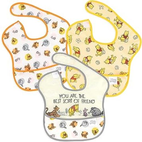 Bumkins Disney Bibs for Girl or Boy, SuperBib Baby and Toddler 6-24 Months, Essential Must Have for Eating, Feeding, Baby Led Weaning, Mess Saving Waterproof Soft Fabric, 3-pk Pooh Bear and Friends