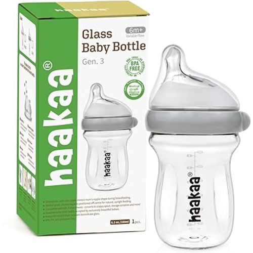 haakaa Gen.3 Natural Glass Baby Bottle 6.3 oz.180ml - Wide Neck, Anti-Colic Varibale Flow Nipple for 6m+ Breastfed Babies, Newborn Registry Essentials,BPA-Free -1 PK