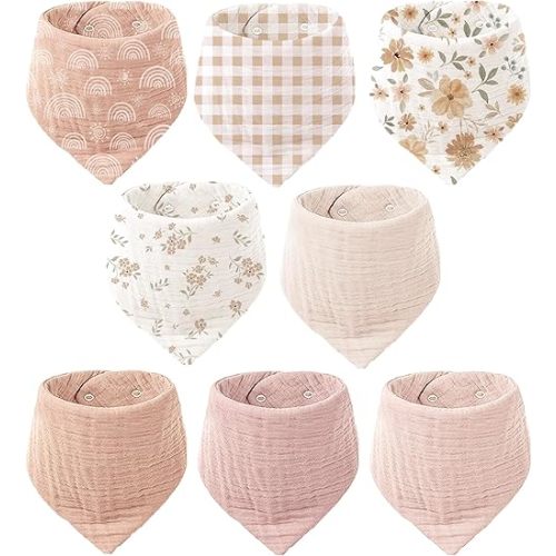 Konssy Muslin Baby Bibs 8 Pack Bandana Drool 100% Cotton for Unisex Baby, Solid Colors Set Teething and Drooling