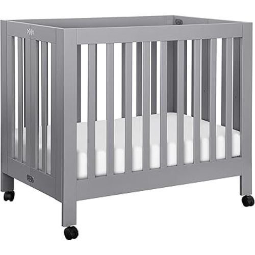 Babyletto Origami Mini Portable Folding Crib with Wheels in Grey, 2 Adjustable Mattress Positions, Greenguard Gold Certified