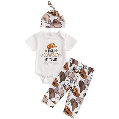 Kayotuas Newborn Baby Boy Cowboy Outfit Country Western Romper Shirt and Cowboy Boot Pants with Hat 3 Pcs Coming Home Outfit