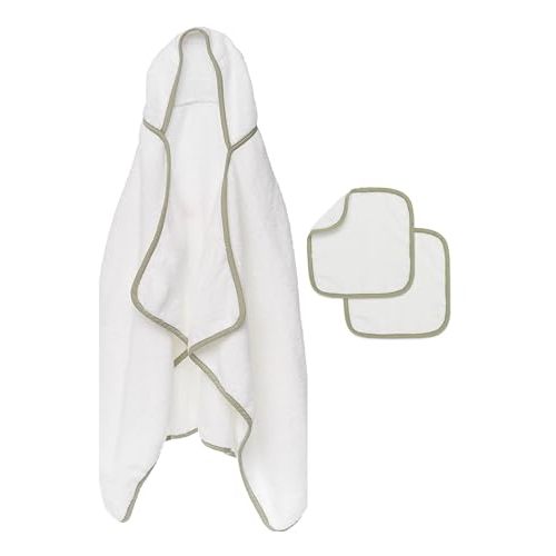 Lalo The Hooded Towel & Washcloth Set, 100% Organic Cotton, Soft on Sensitive Skin, Durable & Absorbent, Machine Washable, Includes One Baby Towel and Two Washcloths - Sage