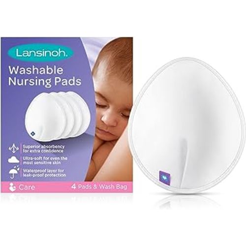 Lansinoh Reusable Nursing Pads for Breastfeeding Mothers, 4 Absorbent Washable Pads, White, Includes Mesh Wash Bag