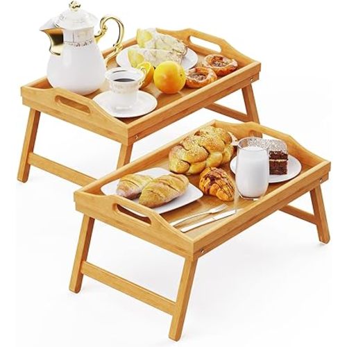 2 Pack Breakfast in Bed Tray for Eating, 16.92 x 12.6 Inch Bed Table Tray with Folding Legs & Handles, Bamboo Food Lap Trays Fits for Adult Kids Eating/TV/Surgery Recovery by Easoger. Set of 2