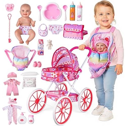 BABESIDE Baby Doll Stroller and Accessories – 12" Washable Baby Doll with 24 Pcs Care Kit, Carrier & Sturdy Wheels – Pretend Play Doll Stroller for Toddlers Girls Ages 3+