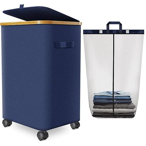 Laundry Hamper with Wheels,20 Gal (75L) Laundry Basket with lid Rolling Clothes Hamper Foldable Dirty Clothes Basket on wheels with Bamboo Frame and Bag for Bedroom, Dorm, Laundry Room-Blue