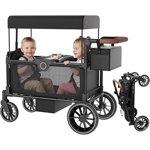 Babytronic Wagon Stroller for 2 Kids, Side Entry Foldable Baby Stroller Wagon, Adjustable Push/Pull Handle, Removable Canopy, 5-Point Safety Harness, All-Terrain Wheels, Storage Bag
