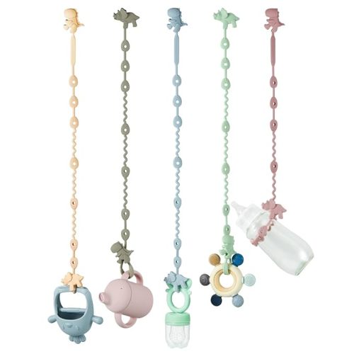 PandaEar Baby Toy Straps - 5 Pack Dinosaur Silicone Pacifier Teether Harness Straps - Adjustable Baby Toy Holder for Bottles, Strollers, High Chairs, Cribs
