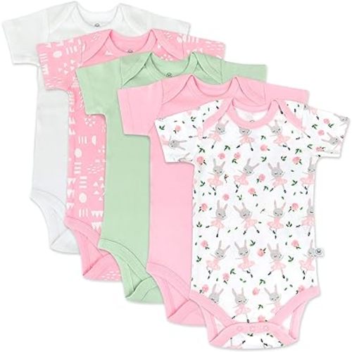HonestBaby baby-girls 5-pack Short Sleeve Bodysuits One-piece 100% Organic Cotton for Infant Baby Girls