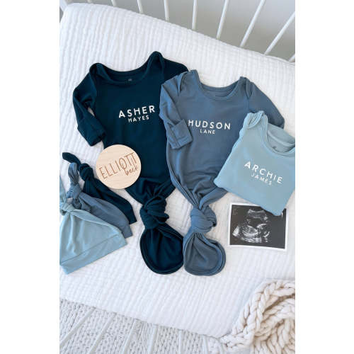 Personalized Bamboo Newborn Baby Knot Gown | River Blues - Block
