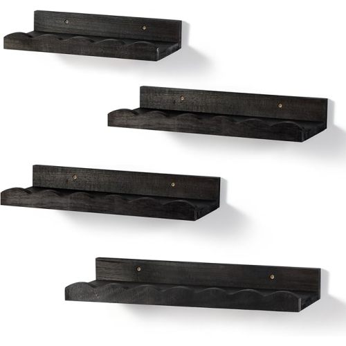 Suzile Set of 4 Floating Nursery Book Shelves for Wall Wood Floating Bookshelves Picture Small Ledge Shelf for Wall Boys Girls Teen Room Bathroom Bedroom Decor Storage(Black)