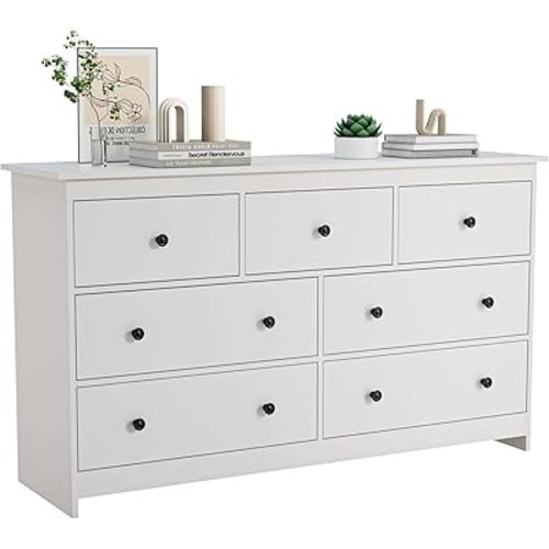 JOZZBY 55" White Dresser for Bedroom, 7 Drawer Wooden Large Dresser with Metal Handles, Modern Chests of Deep Organizer Drawers for Home Office, Hallway
