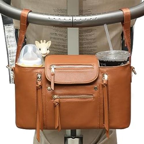 miss fong Stroller Organizer with Insulated Cup Holder Stroller Accessory Bag, Stroller Caddy with Adjustable Strap to Fit All Strollers (Brown)