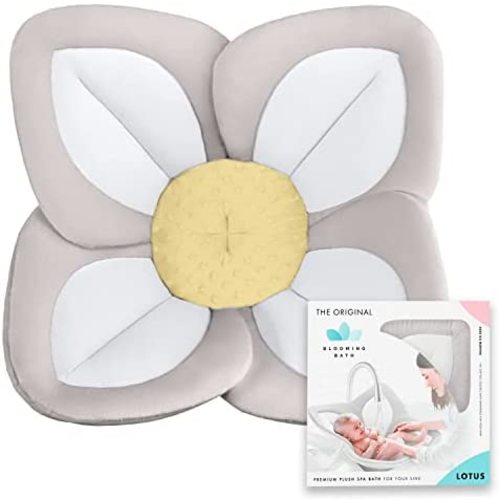 Blooming Bath Lotus Bath Seat - Plush Minky Baby Sink Bathtub - The Original Washer-Safe Flower Seat for Newborns - Gray/White/Yellow