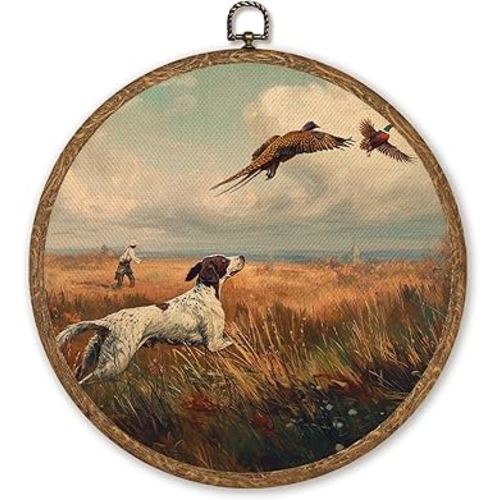 Farmhouse Hunting Dog Wall Art Decor, Cottagecore Vintage Pheasant Field Round Hanging Artwork, Rustic Bird Hunting Prints for Living Room Cabin Kitchen, 10 Inch Round Wall Hanging Decor (Brown-hunting)