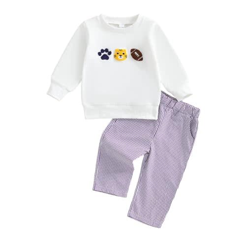 Tuwetueua Toddler Baby Boy Fall Winter Clothes Football Tiger Embroidery Long Sleeve Crewneck Sweatshirt and Plaid Pants
