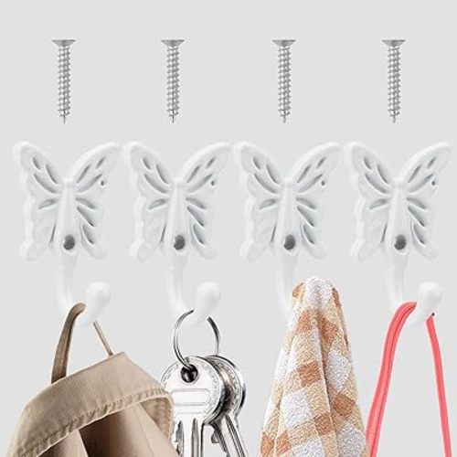 Butterfly Coat Hooks Rustic Wall Hooks Decorative Towel Hooks Vintage Wall Mounted Metal Hanger for Robe Key Bags Scarves Home Decor Hook 4Pcs (White)