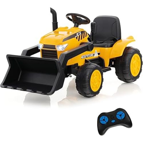Costzon Ride on Excavator, 12V Kids Excavator Ride on Bulldozer with Remote Control & Adjustable Digger Bucket, LED Headlights, Music, Horn, USB, Electric Construction Ride on Toy for Kids 3-8, Yellow
