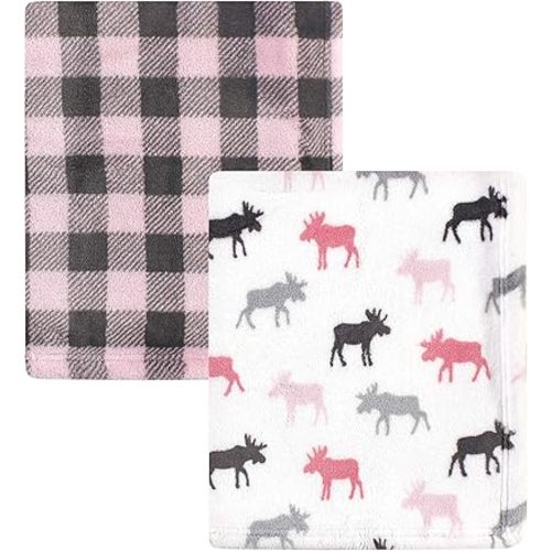 Hudson Baby Unisex Baby Cozy Plush Luxury Blankets 2pk, Pink Moose, One Size