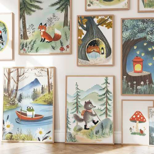 Woodland Animals Collection - 40 Whimsical Storybook Illustrations, Nature Theme Nursery Decor, Kids Wall Art Print Set & Playroom Bundle