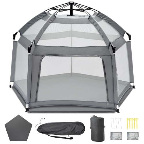 Baby Playpen with Self-Inflating Play Mat & Travel Bag, Portable Outdoor Playpen for Babies and Toddlers, Foldable Pop Up Play Tent for Home, Park, Beach and Camping (Grey)