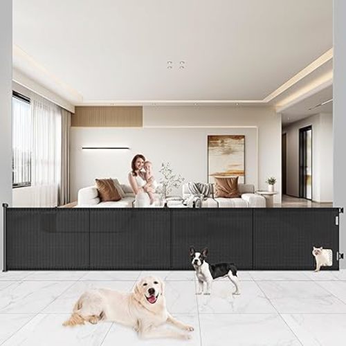 Pawtners Retractable Baby Gates Extra Wide, 41" Tall Extends up to 200" Wide, Dog Gate Indoor with Cat Door for Stairs, Pet Gate with Support Rods for Doorways Hallways Garage Indoor & Outdoor-Black