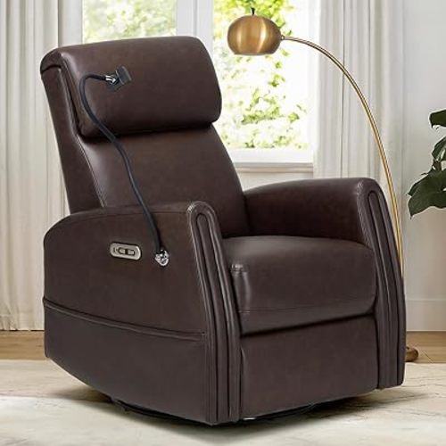 COLAMY Power Swivel Glider Recliner Chair, Nursery Rocking Chair, Living Room Chair, PU Leather 270° Swivel 145° Recliner Chair with Built-in Charging Ports for Living Room, Apartment, Home, Chocolate