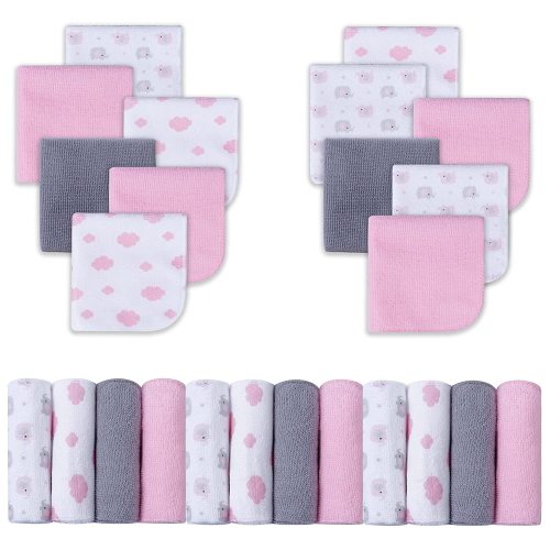 Viviland Baby Washcloths, Super Soft Baby Bath Towels for Newborn 24 Pack, Absorbent Face & Body Wash Cloth for Baby Girl, Pink-Elephant Pattern, 9 x 9 inch