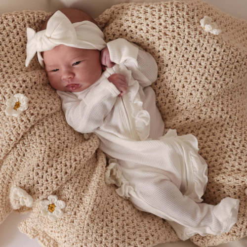 Cloud White Bamboo Waffle Ruffle Zipper Footie