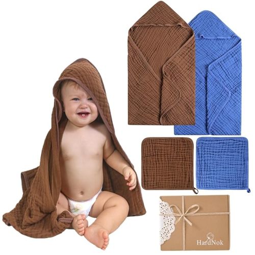 Muslin Hooded Baby Towel 4 Pack, 100% Organic Premium Cotton, (2) 6-Layer 32x32 Bath Towels & (2) Washcloths, Soft Newborn & Infant Gift Set (Blue Stripe & White)