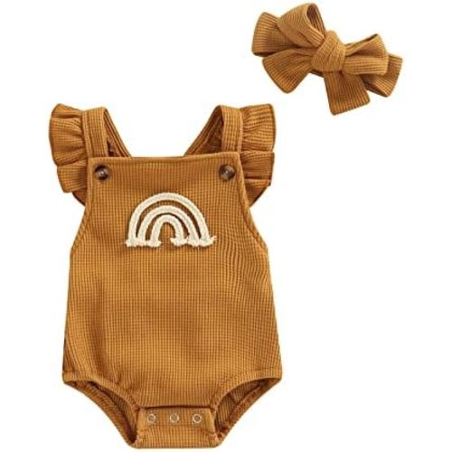 Engofs Boho Rainbow Baby Girl Clothes Newborn Infant Ruffled Sleeveless Romper with Headband Outfit