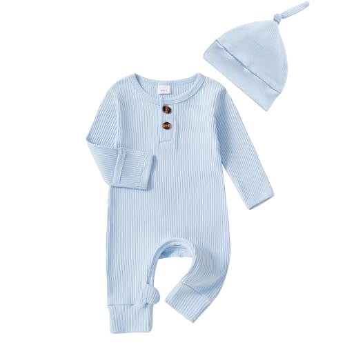 Infant Boys Girls Clothes Set Newborn Baby Romper Hat Ribbed Knit Long Sleeve Button Solid Bodysuit Jumpsuit