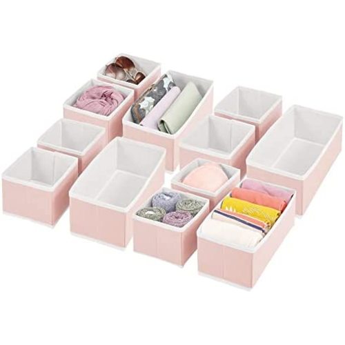 mDesign Fabric Dresser Drawer and Closet Storage Organizer Bin for Bedroom - Holds Lingerie, Bras, Socks, Leggings, Clothes, Purses, Scarves, Jane Collection, Set of 3, 4 Pack, Pink/White