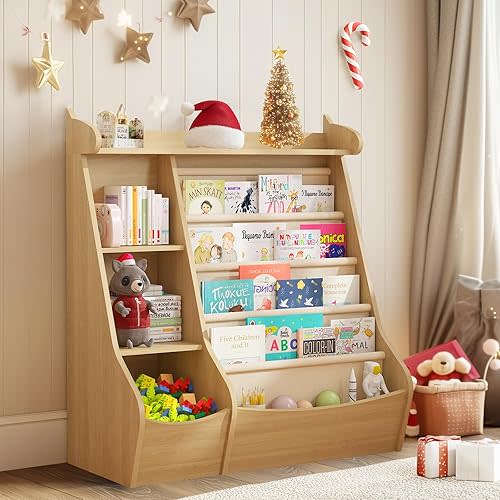 Montessori Kids Bookshelf, 4 Sling Baby Bookcase, 4 Tier Display Shelves, Wooden Book Rack Floor, Toddler Toy Storage Organizer, Children Bookshelf Nursery Playroom Bedroom Library, Natura