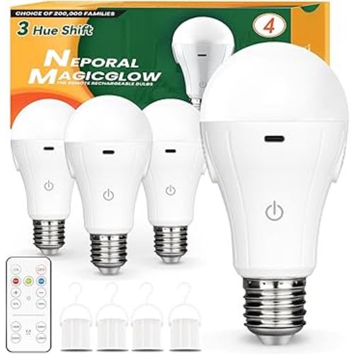 Neporal MagicGlow Rechargeable Light Bulbs with Remote, 3 Hue Shift + Stepless Dimmable Battery Powered Light Bulbs, USB Rechargeable, A19 Standard Size Emergency LED Light Bulbs, 15W, Up to 24 Hours