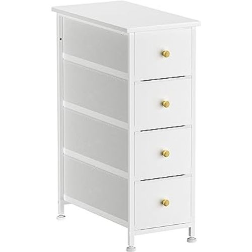 Narrow Dresser Storage Tower with 4 Drawers, Slim Dresser Chest of Drawers with Steel Frame, Wood Top, Golden Knobs, for Bedroom, Bathroom, Small Spaces, Laundry, Closet, White