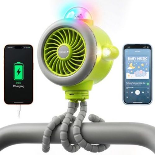 Fosmon Stroller Fan for Stroller, Baby Car Seat Fan, Portable Fan, 5000mAh Powerbank Rechargeable Baby Fan for Stroller, Bluetooth Speaker Rhymes Song