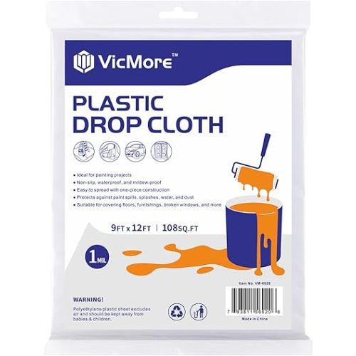 VicMore Clear Plastic Drop Cloth - Water & Dustproof, Odorless Plastic Sheet for Painting, Renovations, DIY Projects - Durable Paint Tarp with 1mil Thickness - Floor Covering & Dust Cover - 9 x 12’