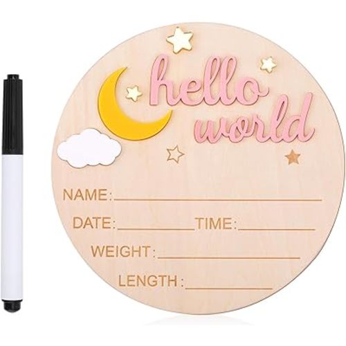 Wooden Hello World Newborn Sign, Cute Birth Announcement Board, Baby Announcement Sign, Newborn Welcome Sign, Baby Name Plaque, Pink, 5.8 inches