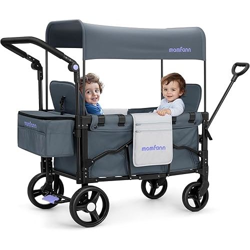 Foldable Wagon Stroller for 2 Kids, Double-Seater Baby Wagon with Canopy, Adjustable Handle and Pull Bar, Compact Design for Toddlers and Infants, for Outdoor Adventures (Space Grey)